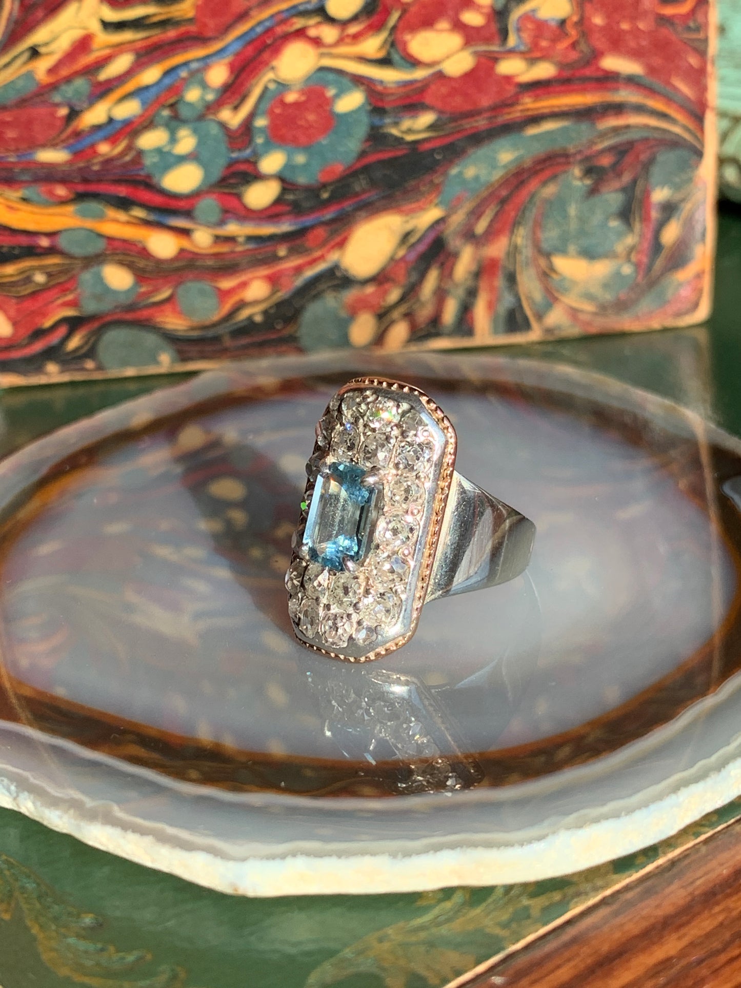 Vintage Art Deco Rococo Revival 18K, Diamond & Aquamarine Plaque Ring