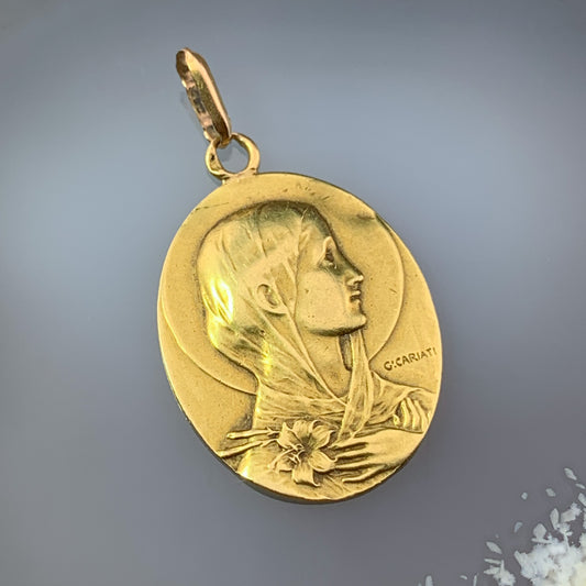 Vintage French 18K Cariati Virgin Mary Medal