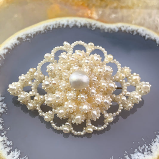 Antique 14K, Pearl & Mother of Pearl Wedding Work Brooch