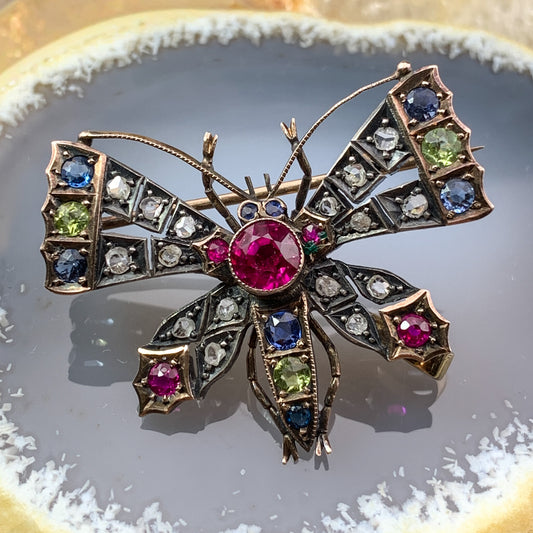 Antique 15K, Silver, Diamond, Ruby, Sapphire & Peridot Butterfly Brooch/Pendant