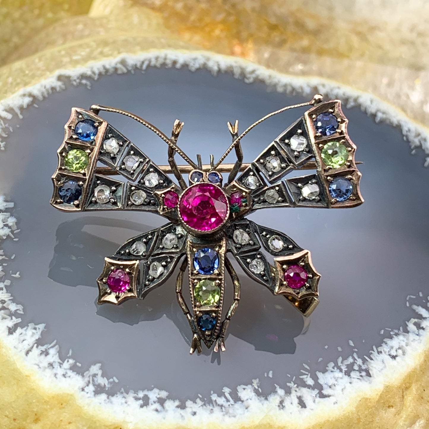 Antique 15K, Silver, Diamond, Ruby, Sapphire & Peridot Butterfly Brooch/Pendant