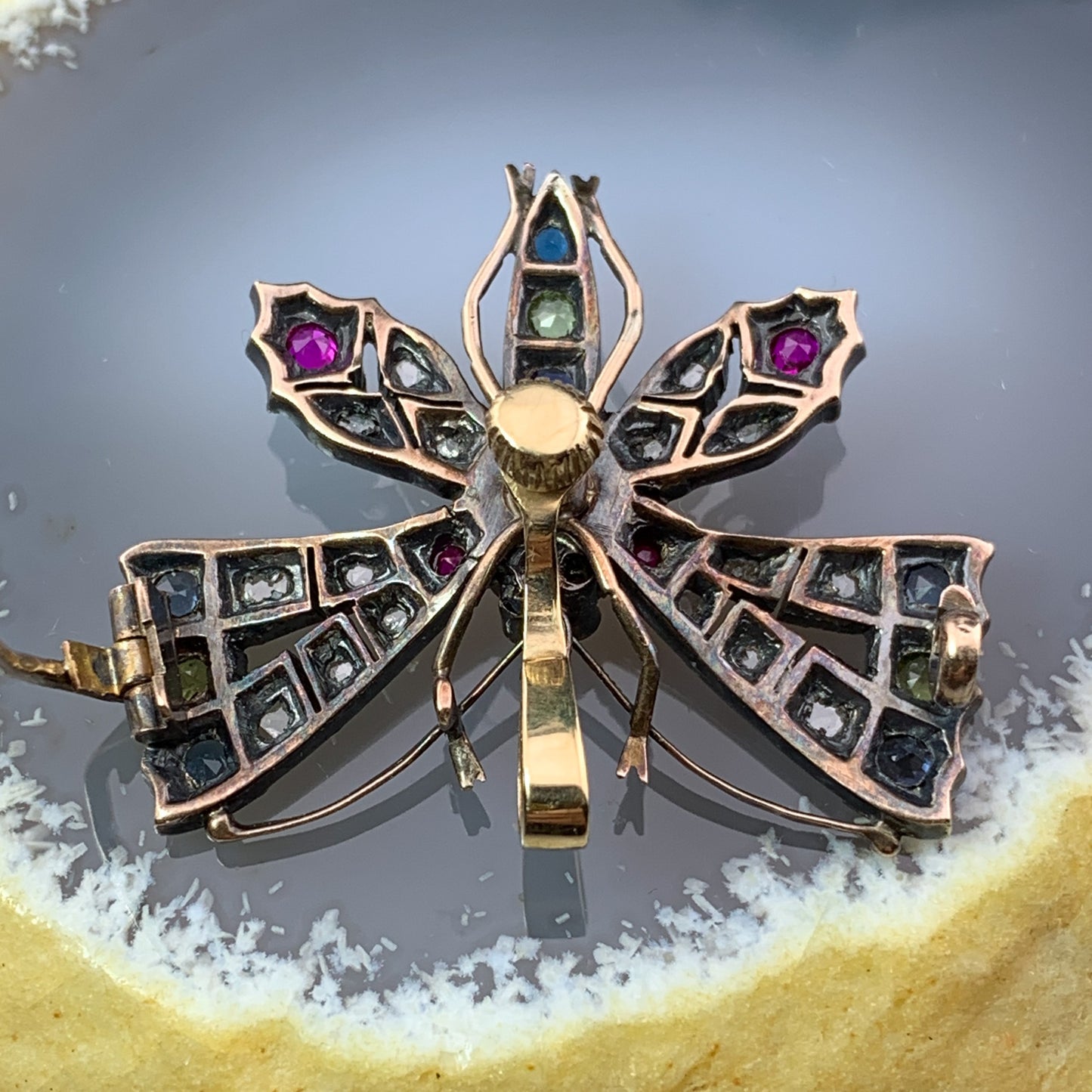Antique 15K, Silver, Diamond, Ruby, Sapphire & Peridot Butterfly Brooch/Pendant