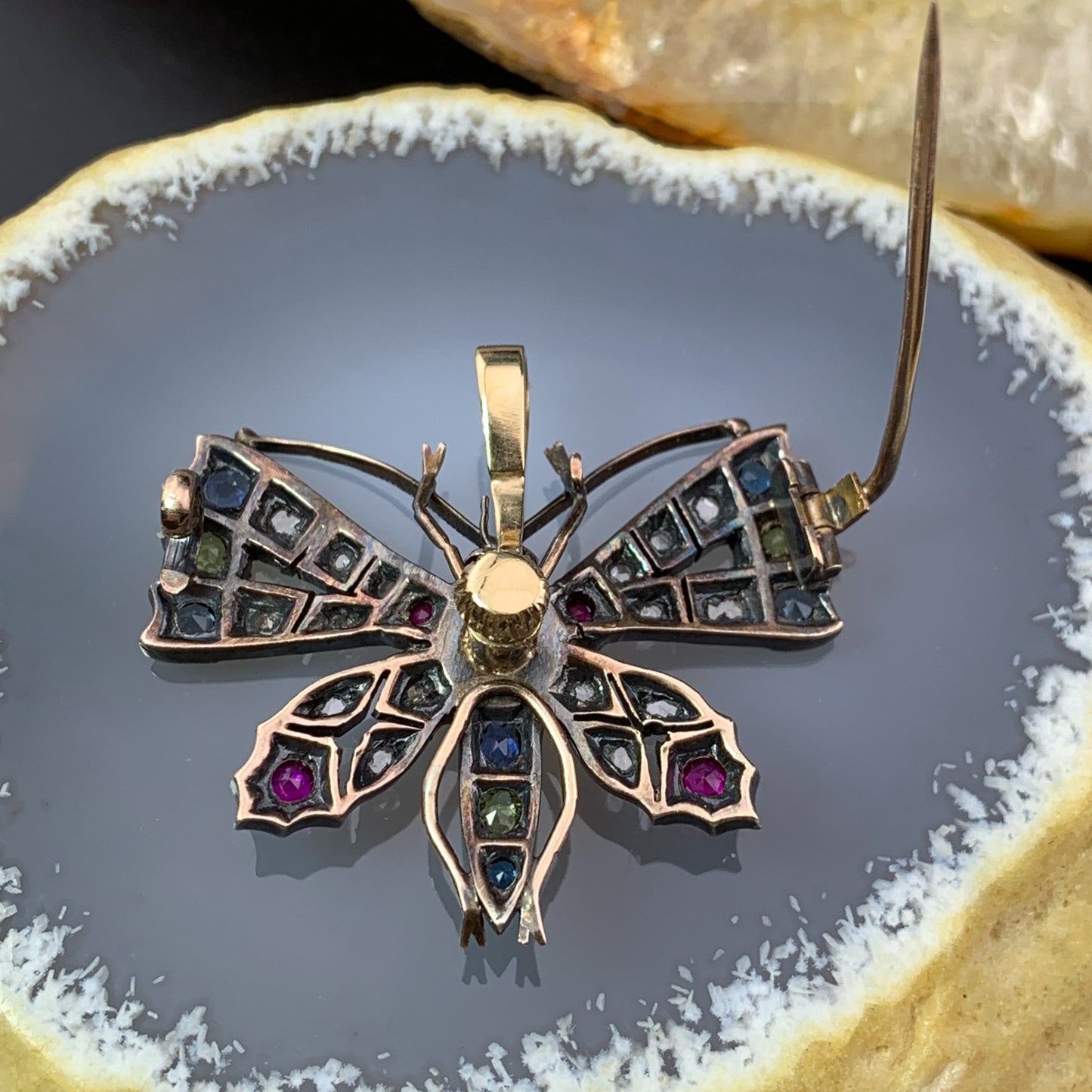 Antique 15K, Silver, Diamond, Ruby, Sapphire & Peridot Butterfly Brooch/Pendant