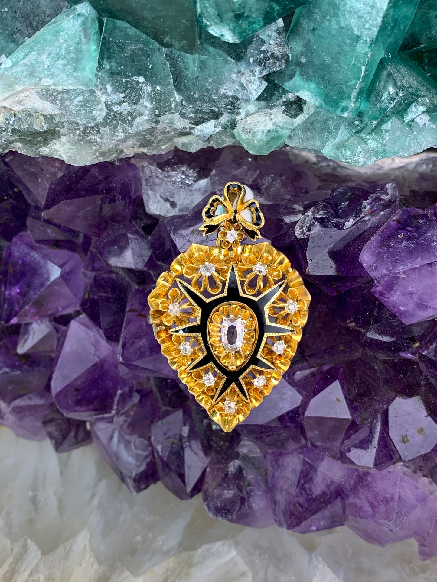 Antique Victorian 18K, Diamond & Enamel Heart Brooch/Pendant