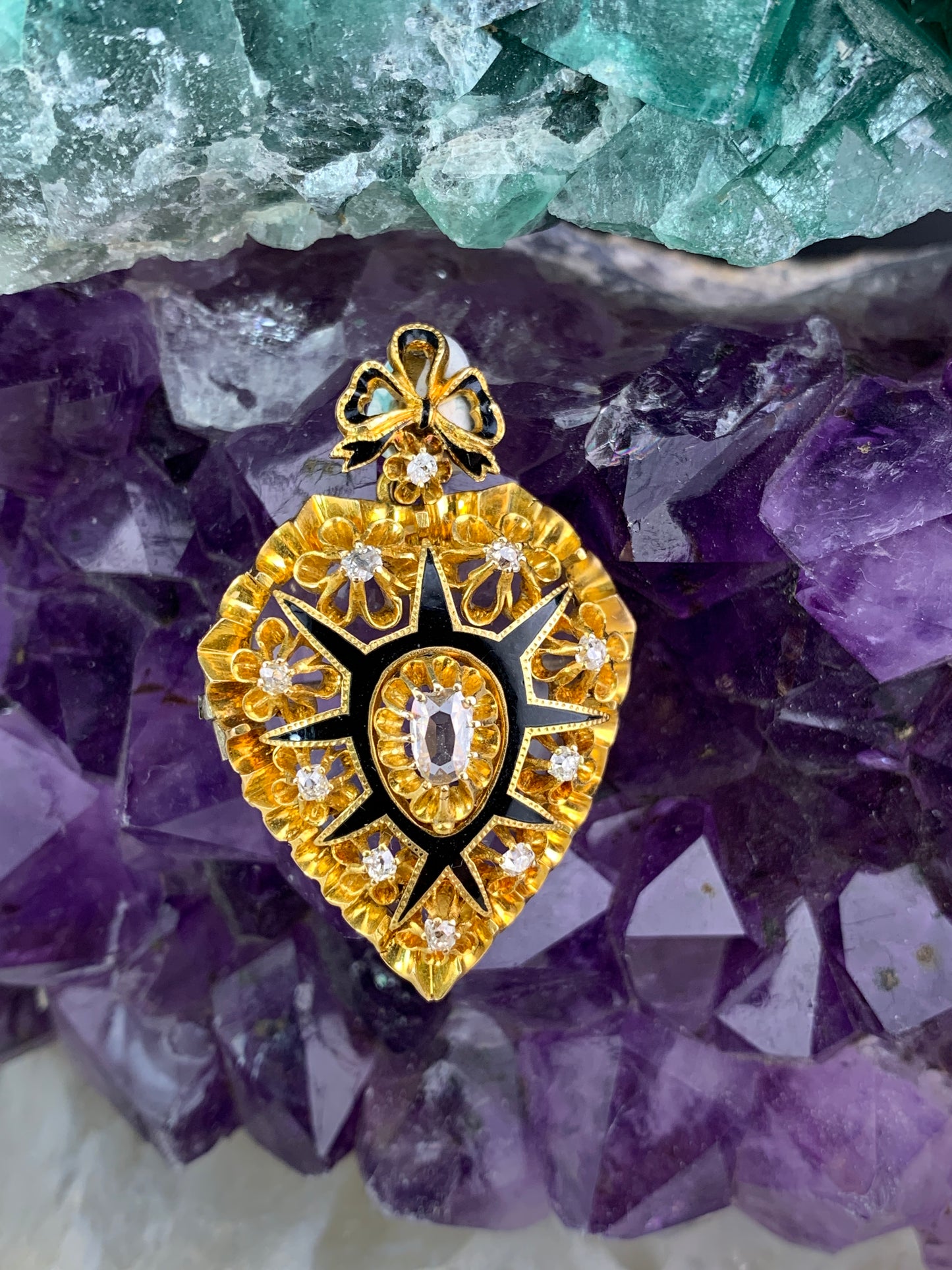 Antique Victorian 18K, Diamond & Enamel Heart Brooch/Pendant