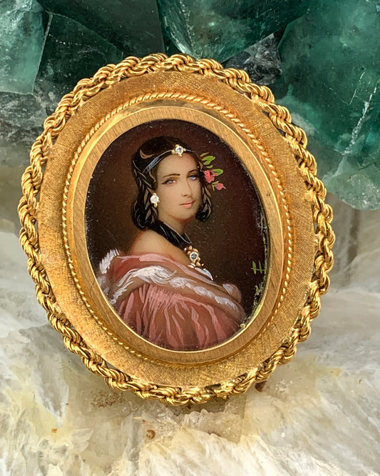 Vintage Italian Classical Revival 18K, Diamond & Hand Painted Portrait Brooch/Pendant