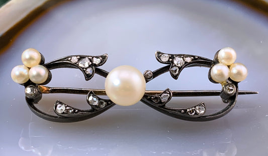 Antique Belle Epoque 9K, Silver, Diamond & Pearl Brooch