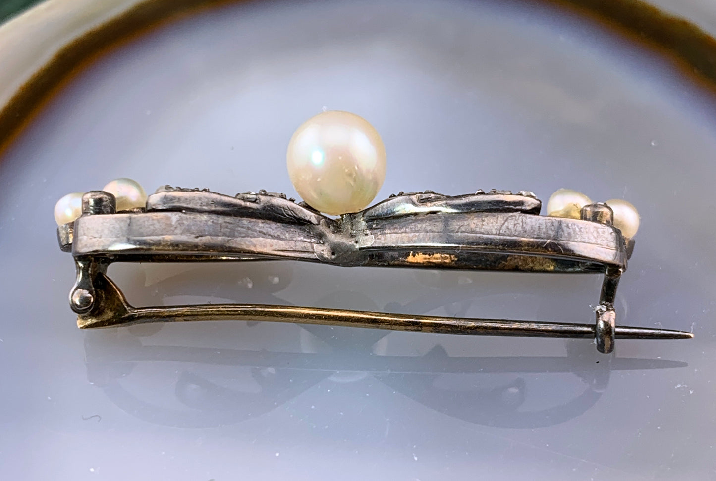 Antique Belle Epoque 9K, Silver, Diamond & Pearl Brooch