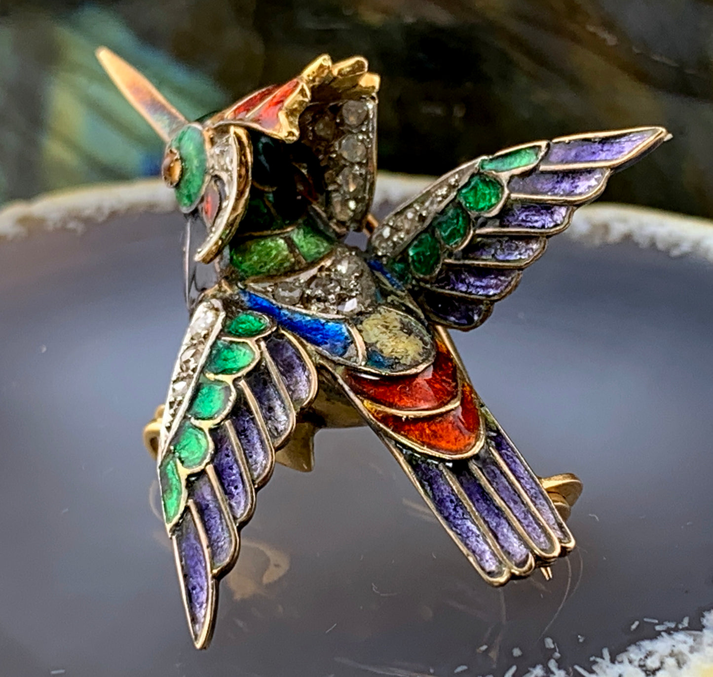 Antique 18K, Silver, Diamond & Enamel Kingfisher Bird Brooch