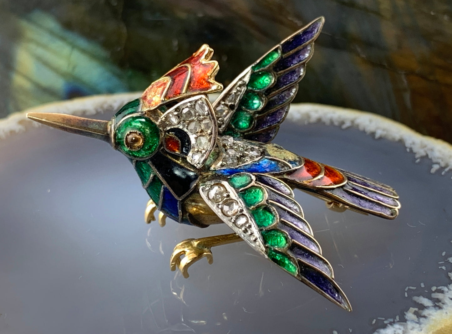 Antique 18K, Silver, Diamond & Enamel Kingfisher Bird Brooch
