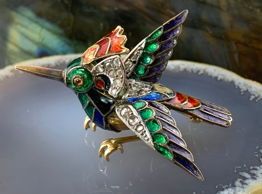 Antique 18K, Silver, Diamond & Enamel Kingfisher Bird Brooch