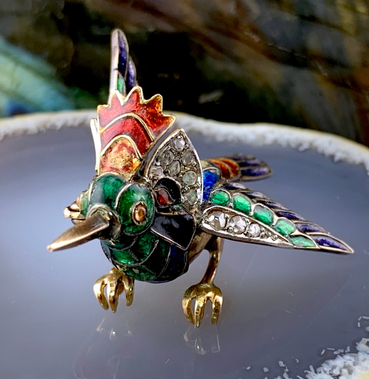 Antique 18K, Silver, Diamond & Enamel Kingfisher Bird Brooch