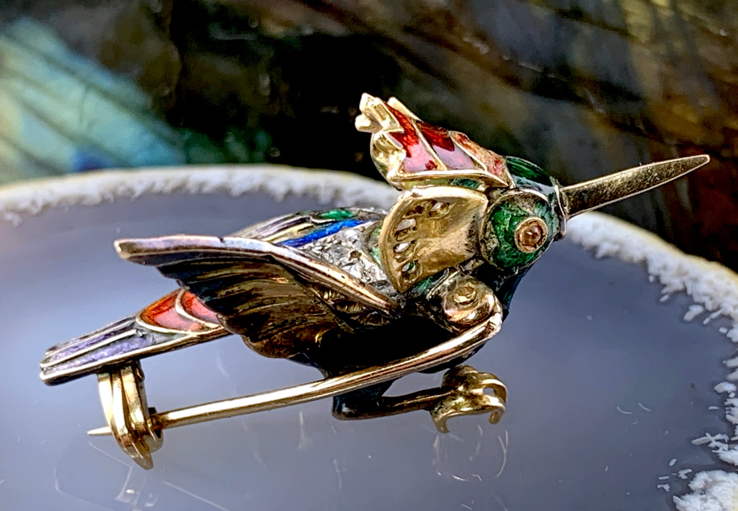 Antique 18K, Silver, Diamond & Enamel Kingfisher Bird Brooch