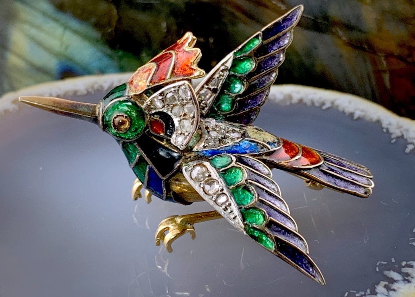 Antique 18K, Silver, Diamond & Enamel Kingfisher Bird Brooch