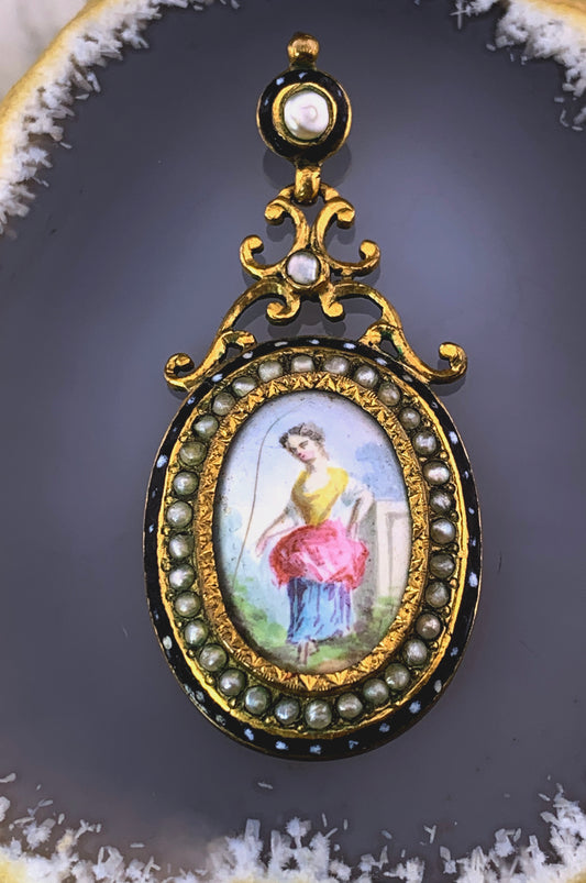 Antique French Vermeil, Pearl & Hand Painted Enamel Pendant