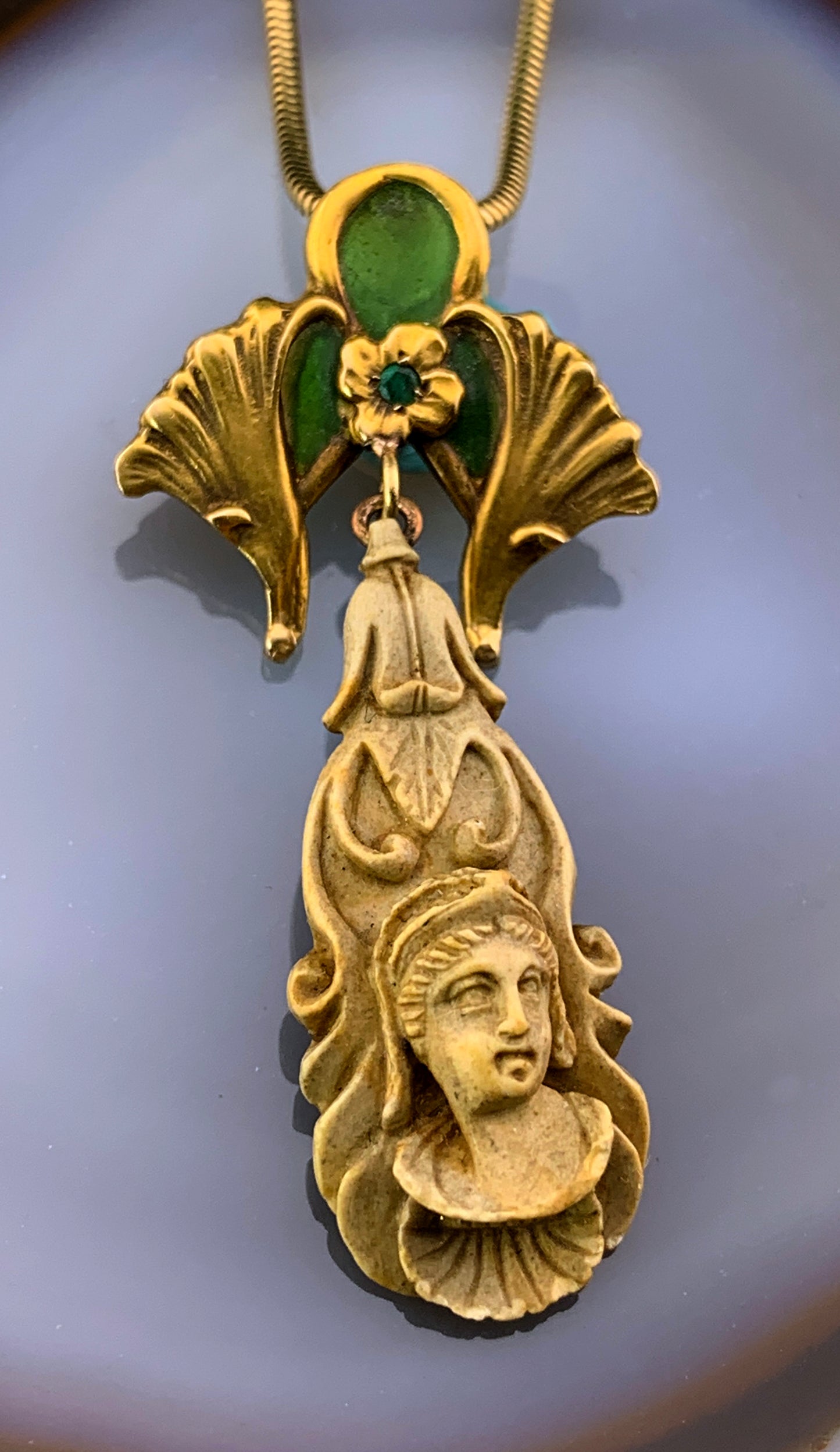 Antique Art Nouveau 14K Plique A Jour & Lava Cameo Upcycled Pendant