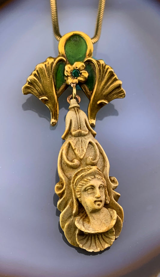 Antique Art Nouveau 14K Plique A Jour & Lava Cameo Upcycled Pendant