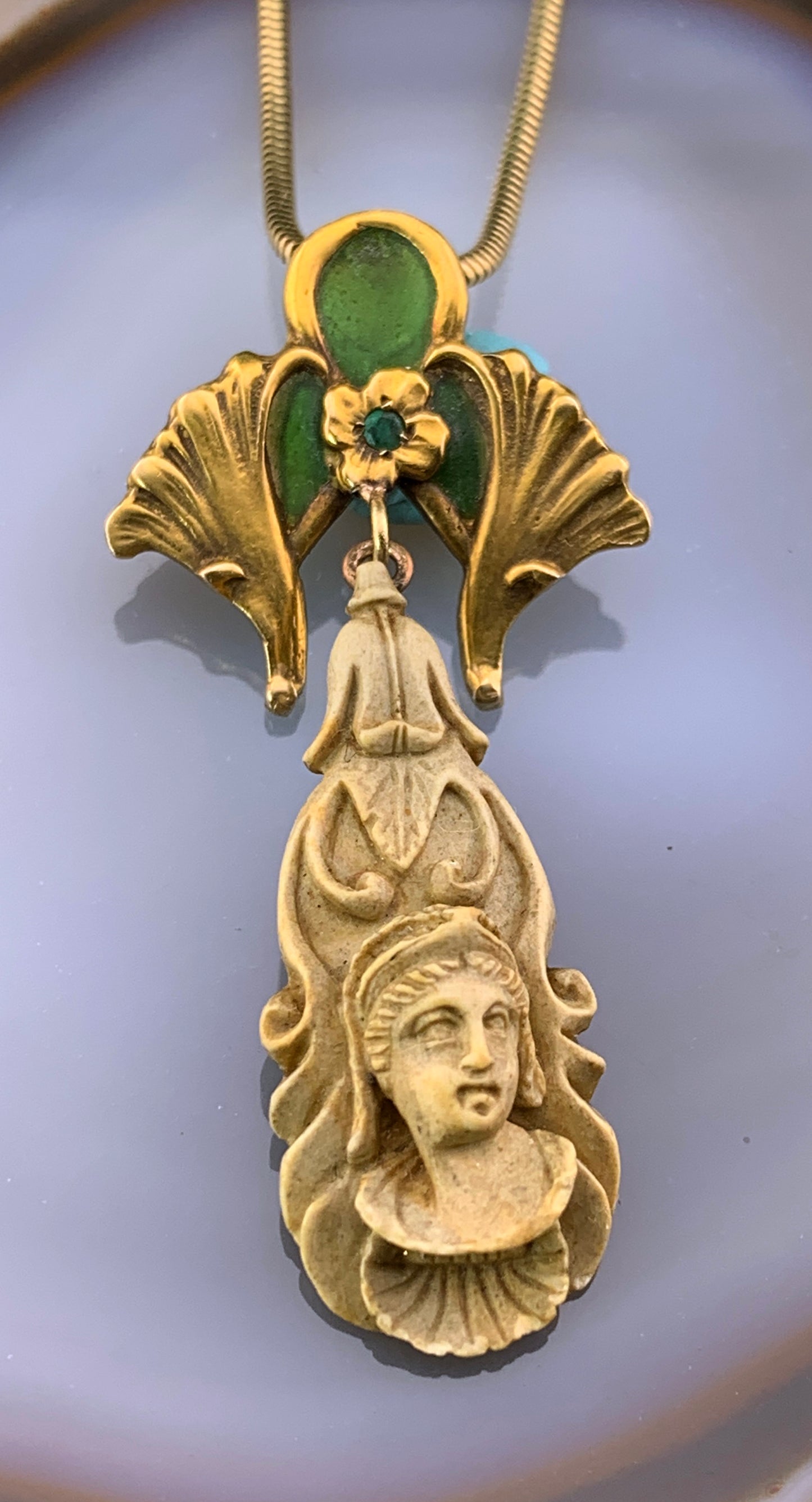 Antique Art Nouveau 14K Plique A Jour & Lava Cameo Upcycled Pendant