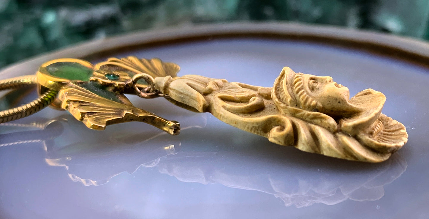 Antique Art Nouveau 14K Plique A Jour & Lava Cameo Upcycled Pendant