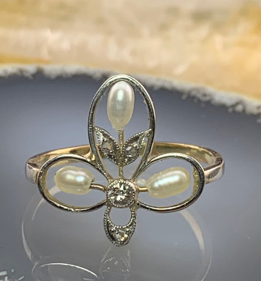 Antique Belle Epoque 18K, Platinum, Diamond & Pearl Dinner Ring