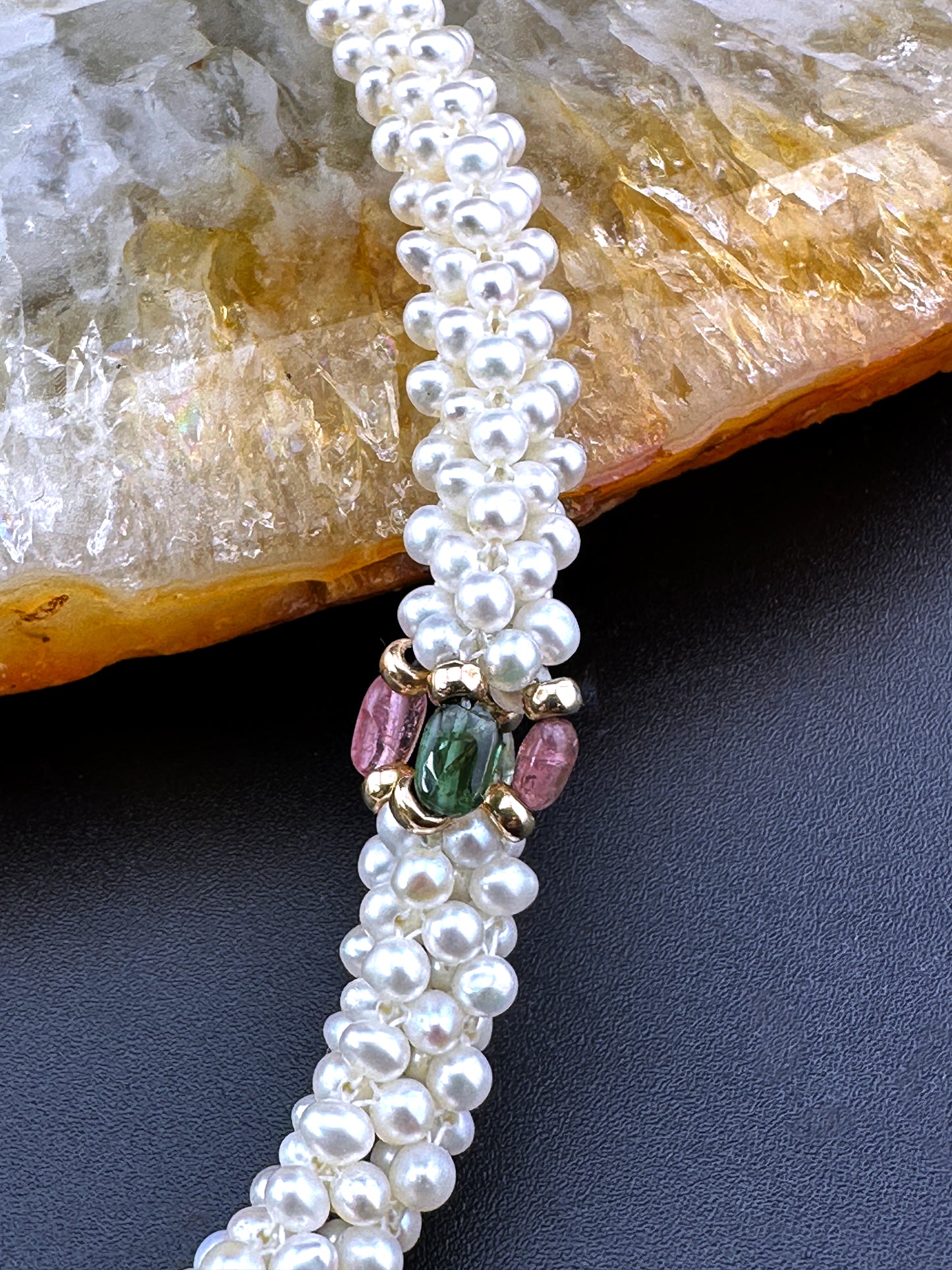 Vintage 14K, Tourmaline & Pearl Rope Necklace