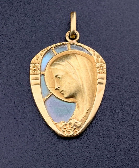 Vintage French 18K & Mother of Pearl Mary Medal