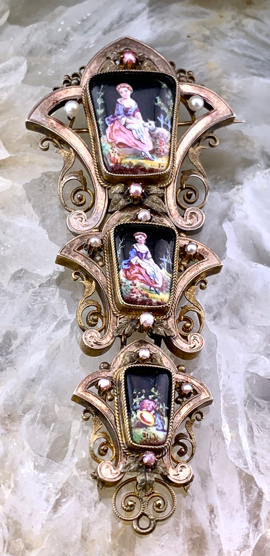 Antique 18K, Seed Pearl & Hand Painted Enamel Portrait Brooch