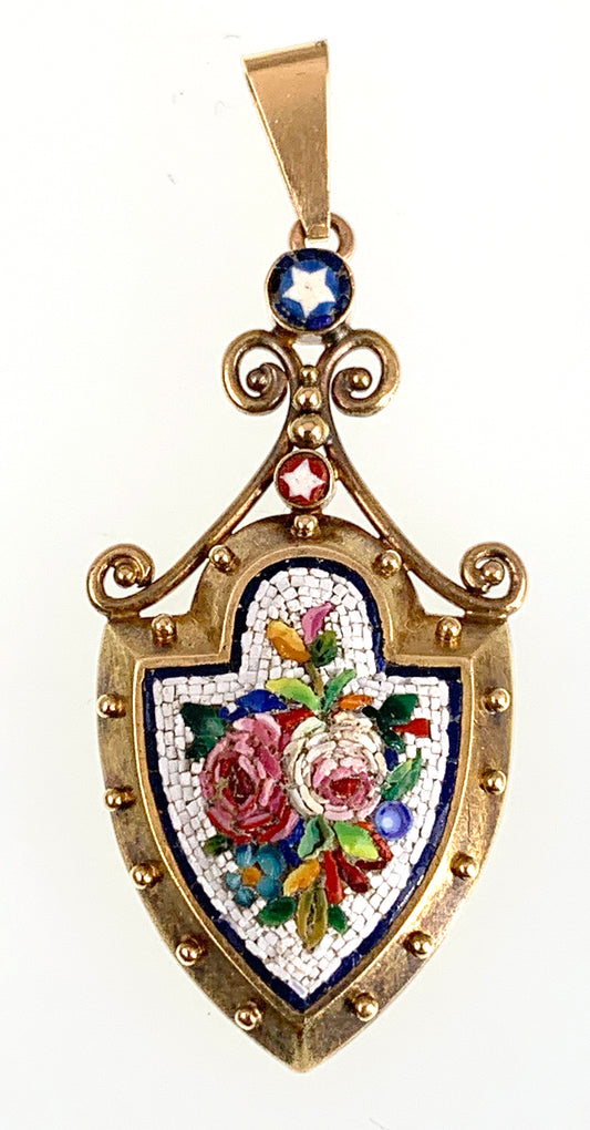 SOLD--Antique 18K Micro Mosaic Floral Shield Pendant