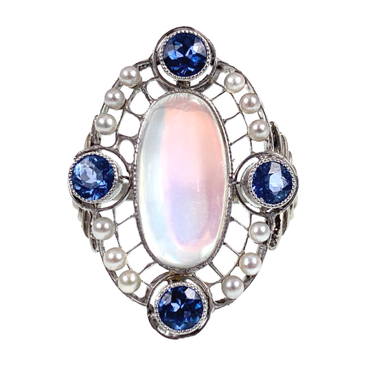 Antique Art Deco 18K, 14K, Moonstone, Sapphire & Seed Pearl Conversion Ring