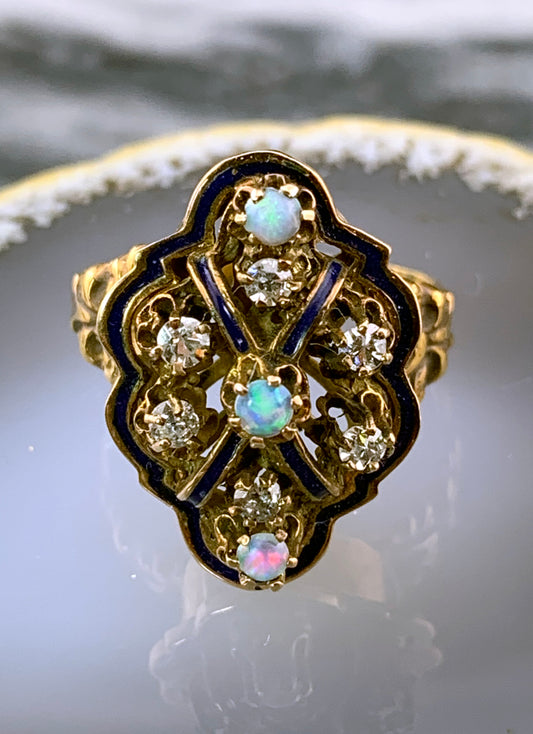 Antique 14K, Diamond, Opal & Enamel Conversion Ring