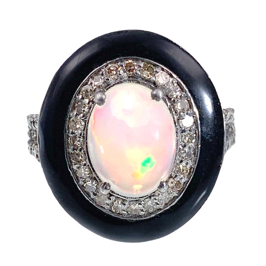 SOLD Vintage Silver, Opal, Diamond & Enamel Ring