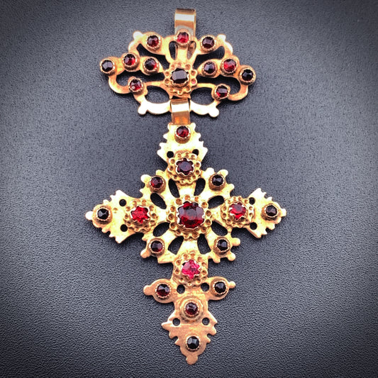 Antique 10K & Red Paste Cross Pendant