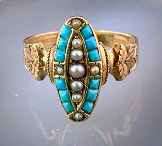 Antique 10K Turquoise & Seed Pearl Navette Ring