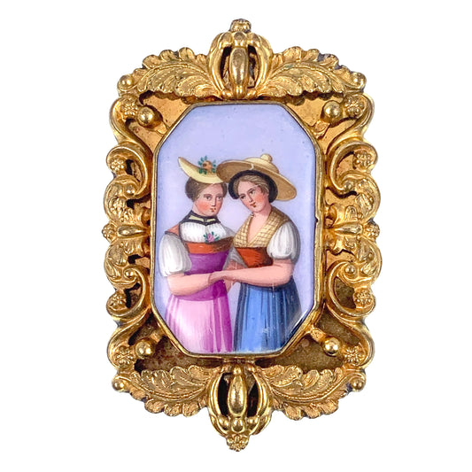 Antique 18K Hand Painted Porcelain Brooch