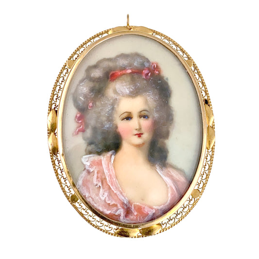 Vintage 14K Hand Painted Portrait Brooch/Pendant