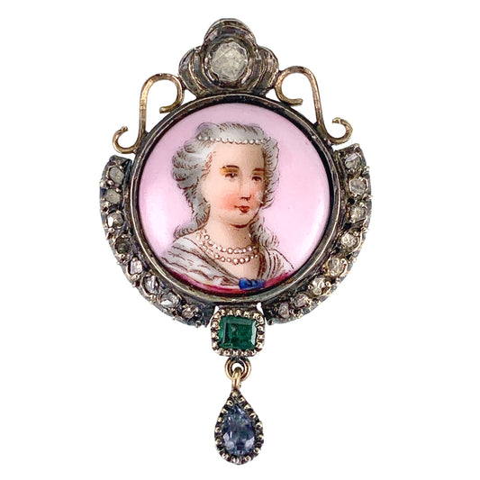 Antique 18K, Silver, Diamond, Emerald, Topaz & Hand Painted Enamel Portrait Brooch