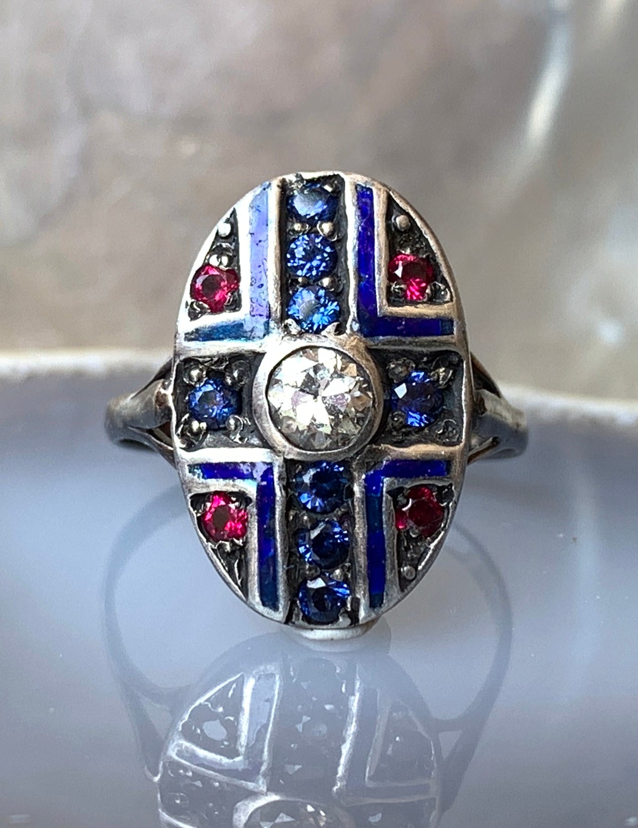Antique Art Deco 9K, Diamond, Ruby, Sapphire & Enamel Ring