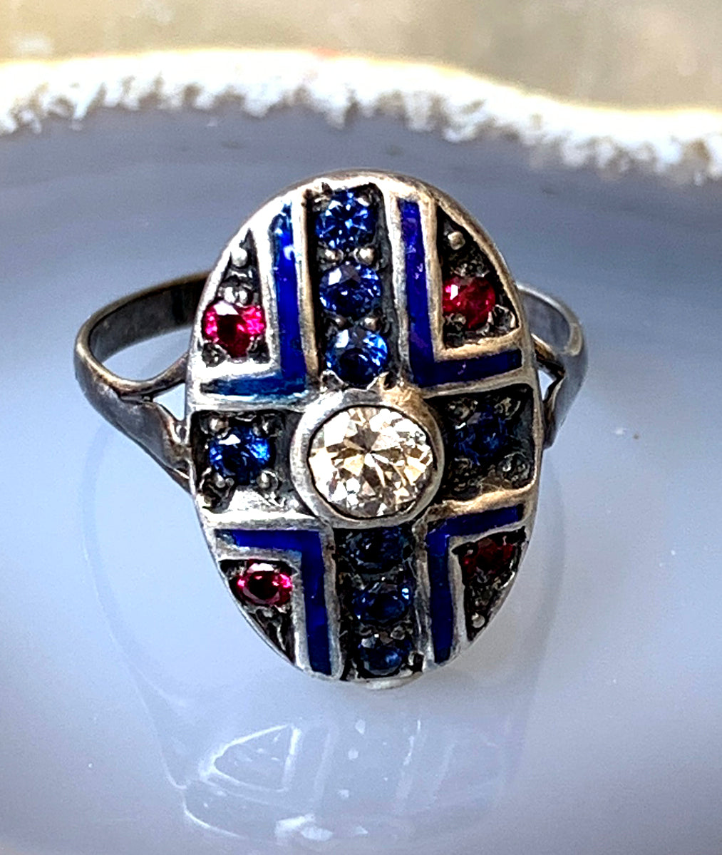 Antique Art Deco 9K, Diamond, Ruby, Sapphire & Enamel Ring