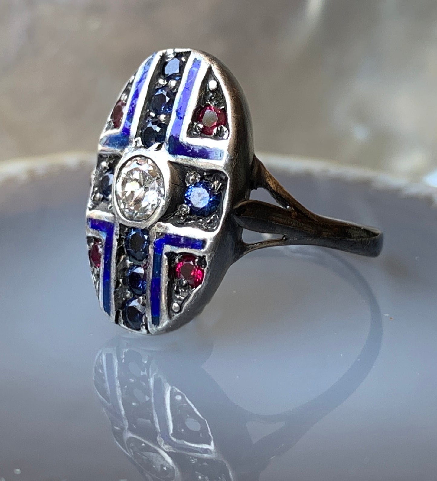 Antique Art Deco 9K, Diamond, Ruby, Sapphire & Enamel Ring