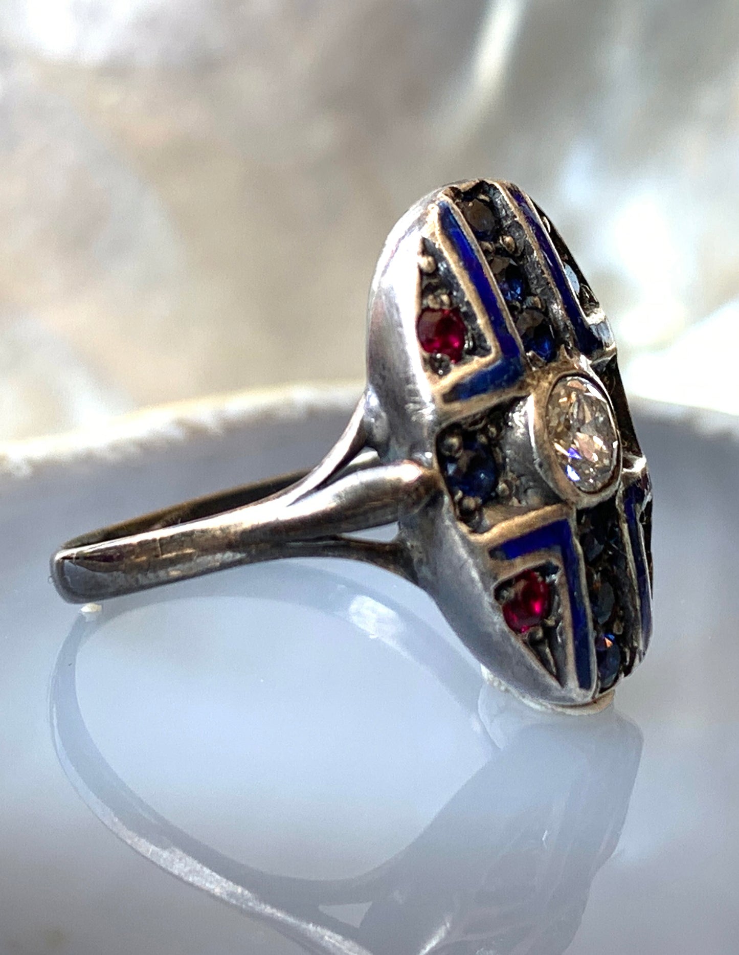 Antique Art Deco 9K, Diamond, Ruby, Sapphire & Enamel Ring