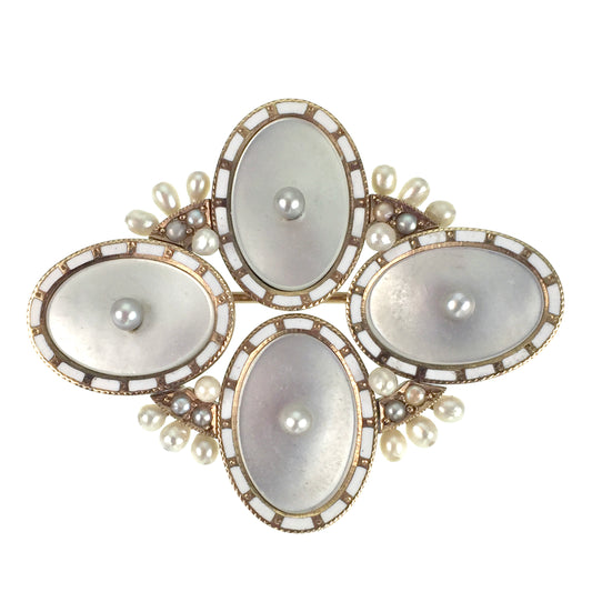 Antique 12K, Pearl, Mother Of Pearl & Enamel Brooch