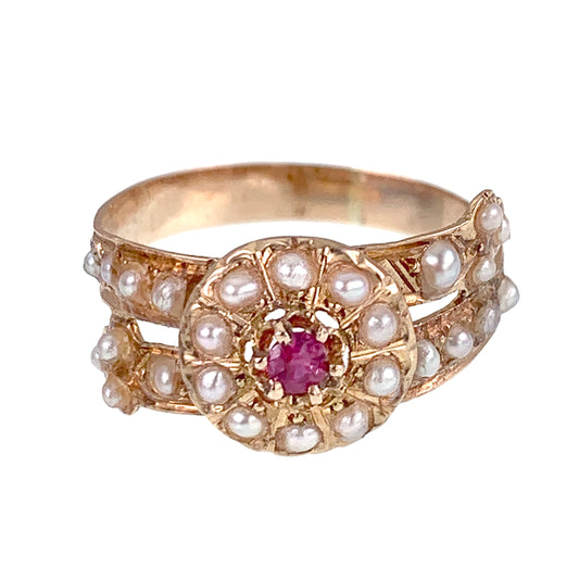 SOLD Antique Victorian 15K, Ruby & Seed Pearl Buckle Ring