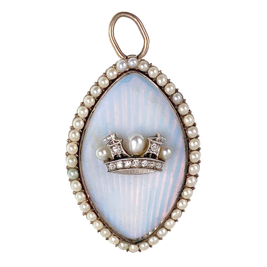 Antique Victorian 15K, Silver, Diamond, Pearl & Opaline Glass Crown Pendant/Brooch