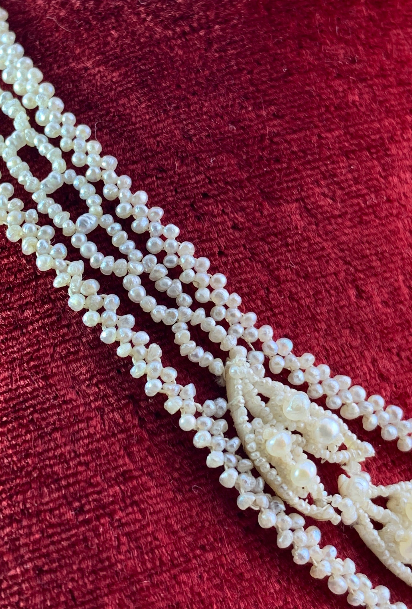 Antique 9K, Seed Pearl & Mother of Pearl Weddingwork Necklace