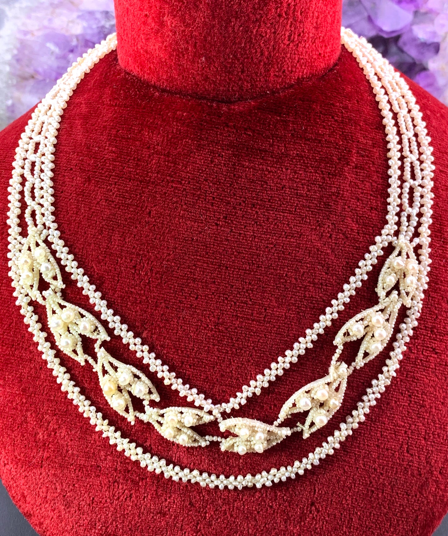 Antique 9K, Seed Pearl & Mother of Pearl Weddingwork Necklace