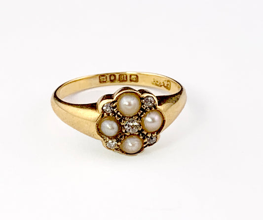 Antique 18K, Diamond & Pearl Ring