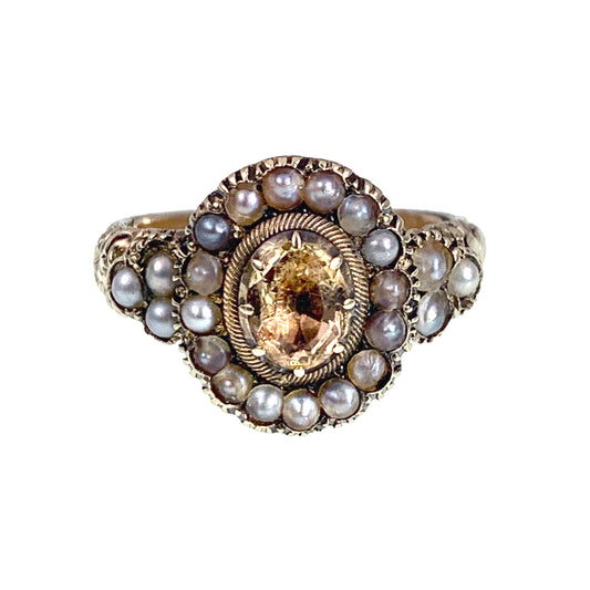 SOLD Antique 15K, Citrine & Seed Pearl Mourning Ring