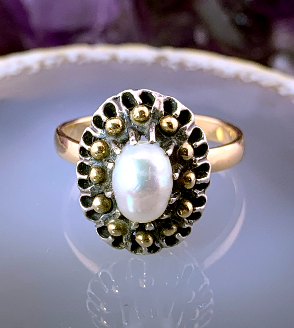 Antique 14K, Silver & Baroque Pearl Ring