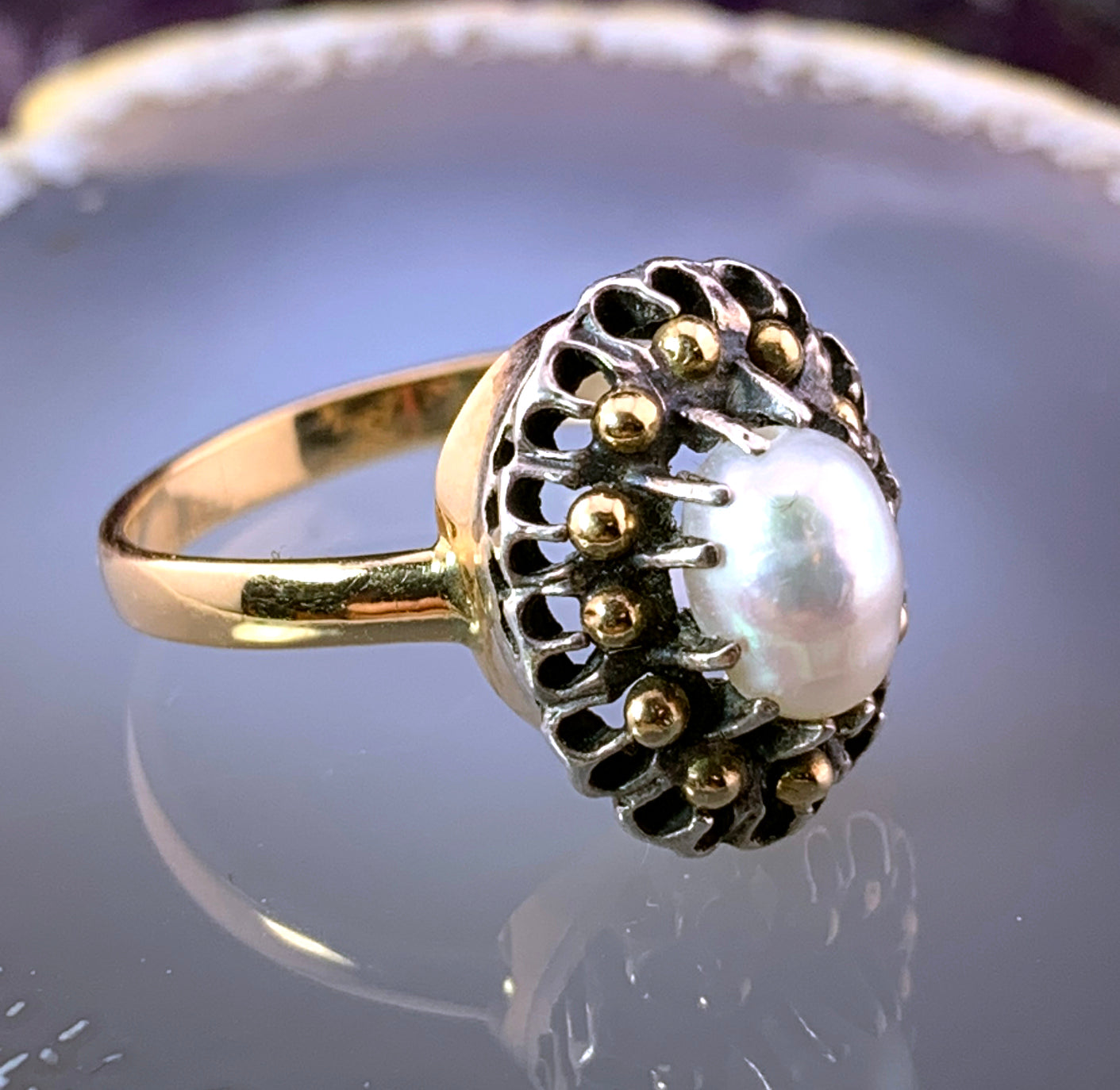 Antique 14K, Silver & Baroque Pearl Ring