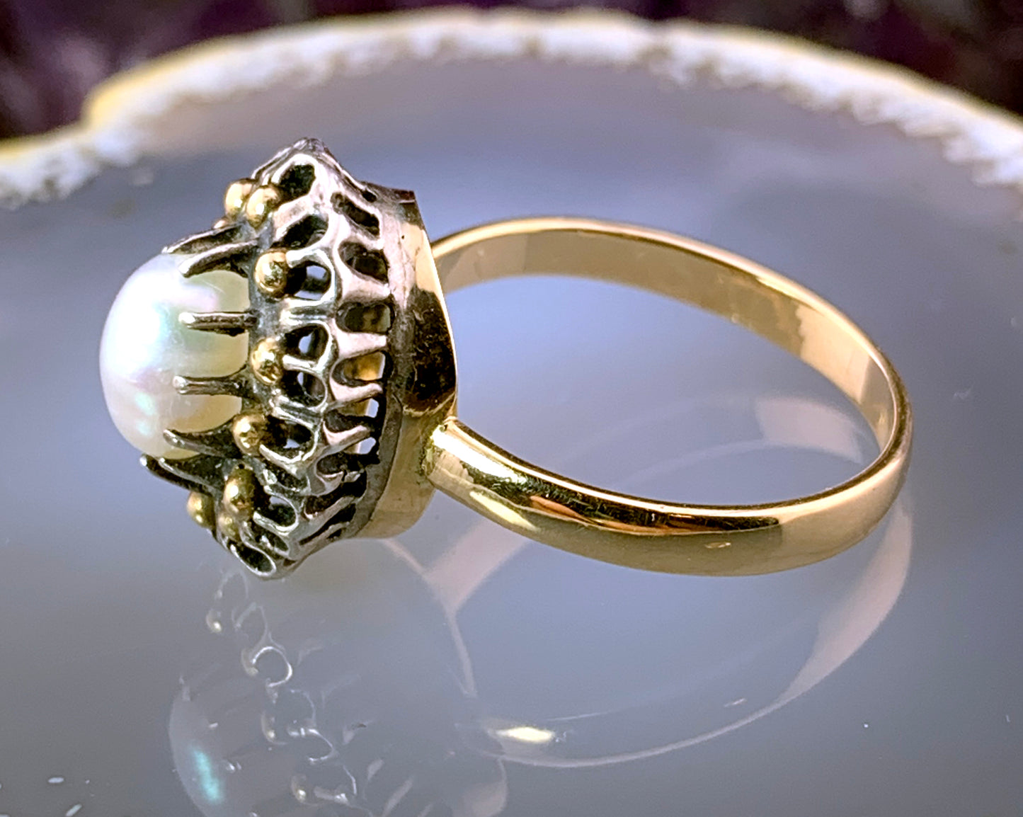 Antique 14K, Silver & Baroque Pearl Ring